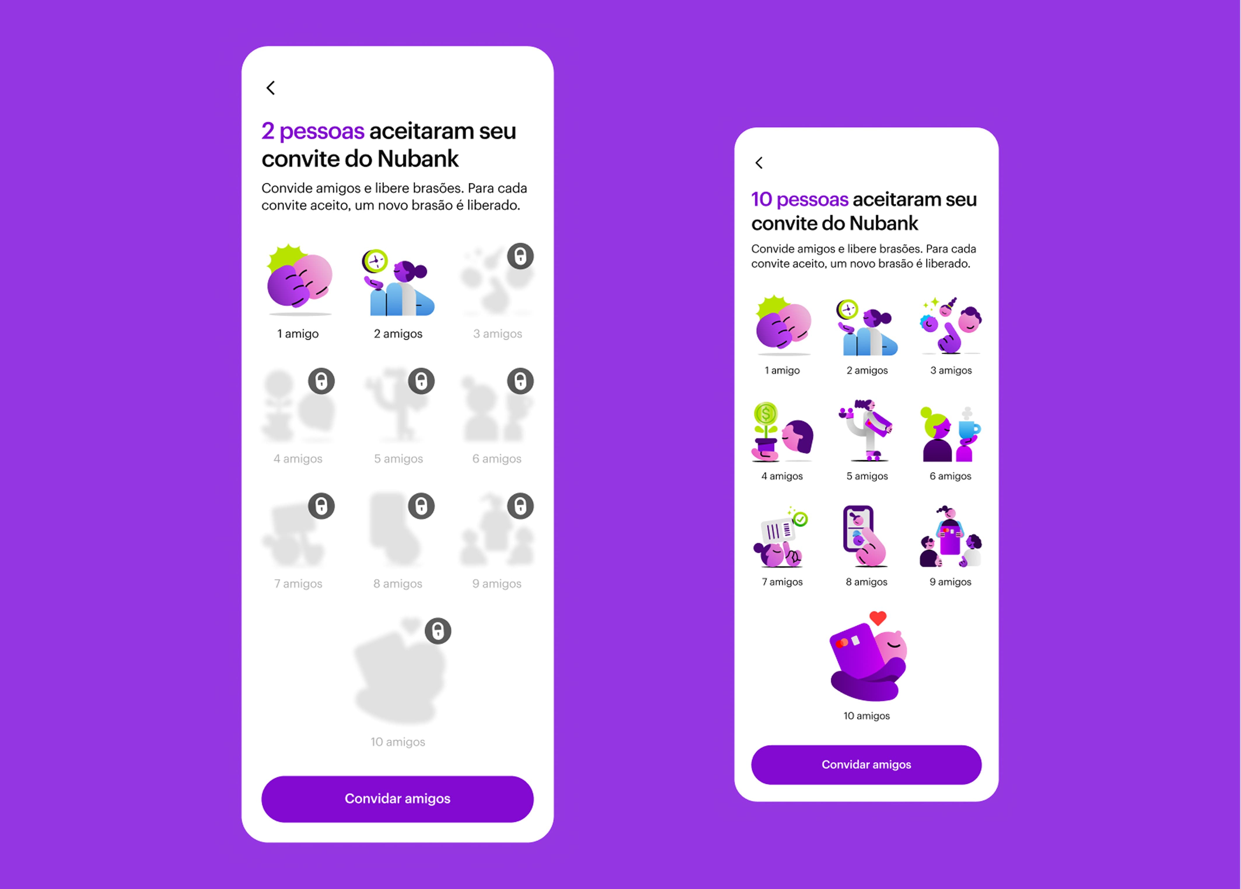 Referral dashboard screens, showing badges and achievements