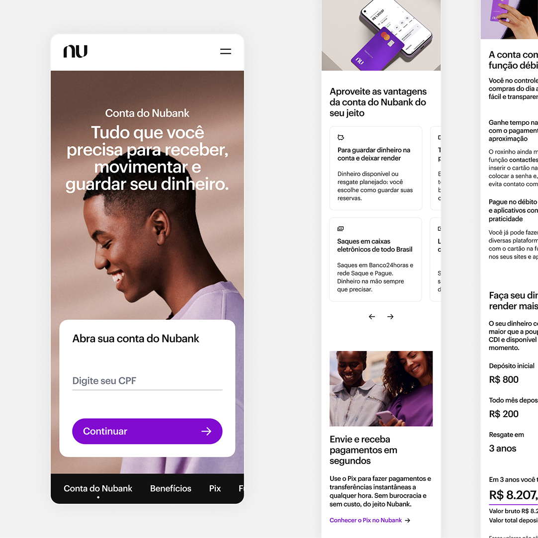 Nubank account website page showing product's RTB and benefits.