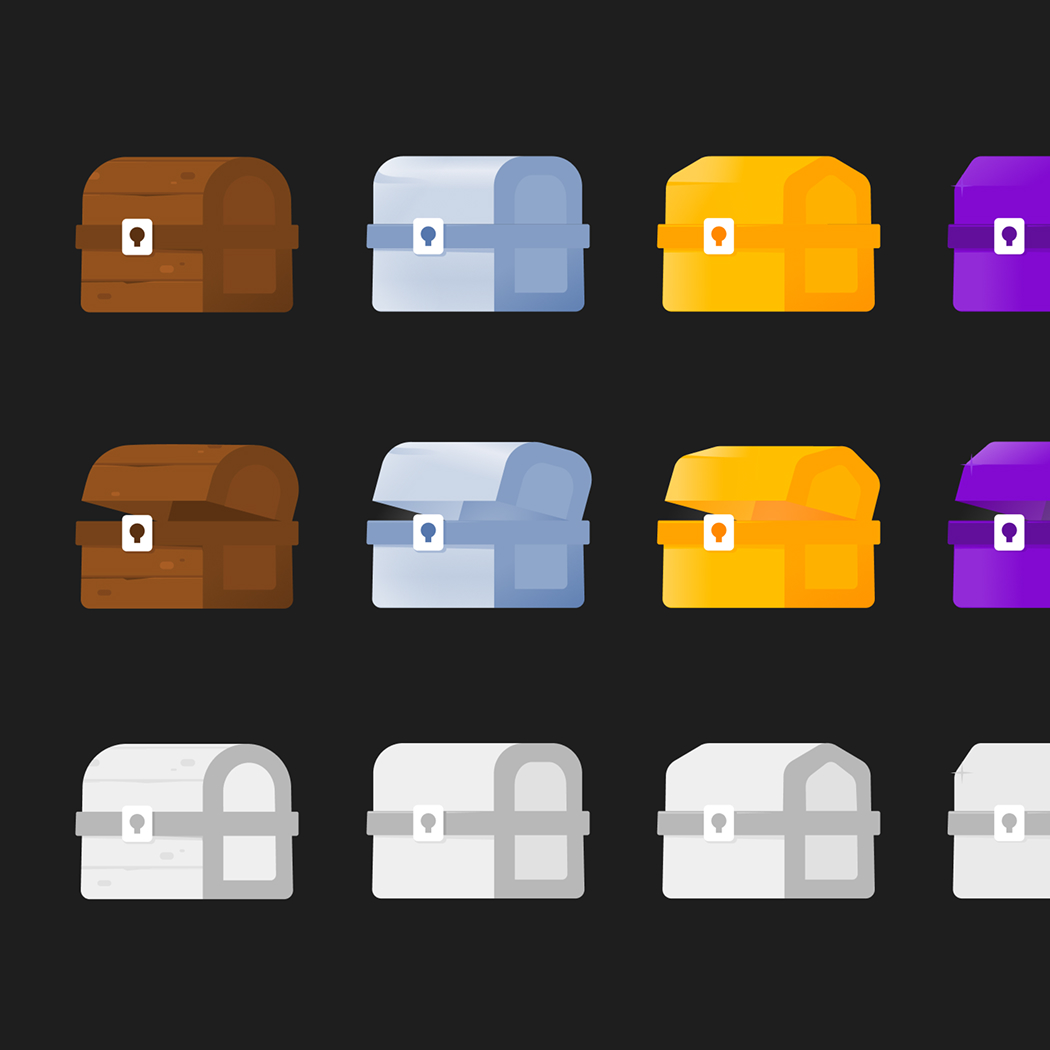 Four design variations of the Nucoin lucky chest feature, representing different reward tiers.