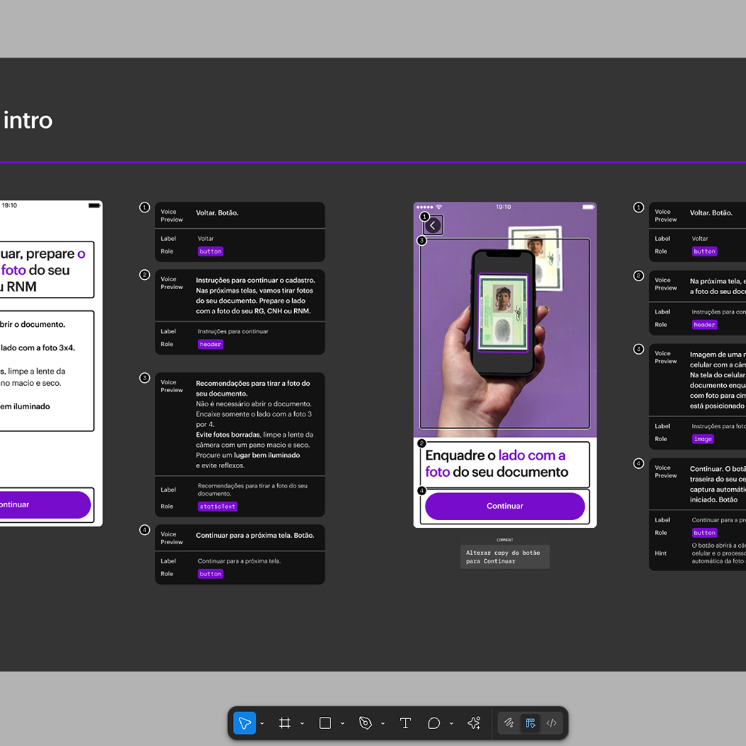 Figma screenshot showing screen reader specifications for accessibility within the Registration flow.