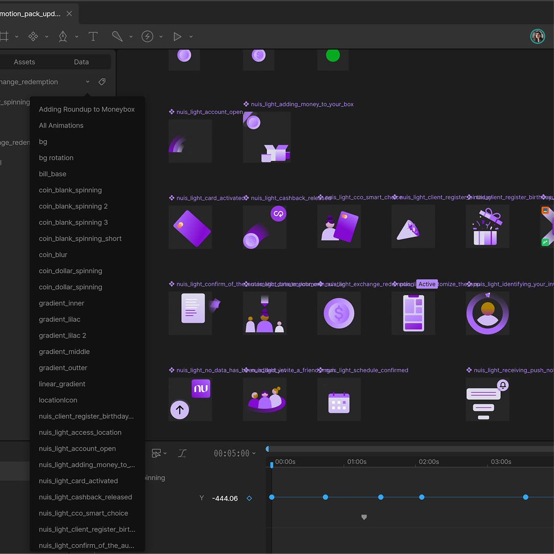 Rive project library showcasing collection of animated purple illustrations.