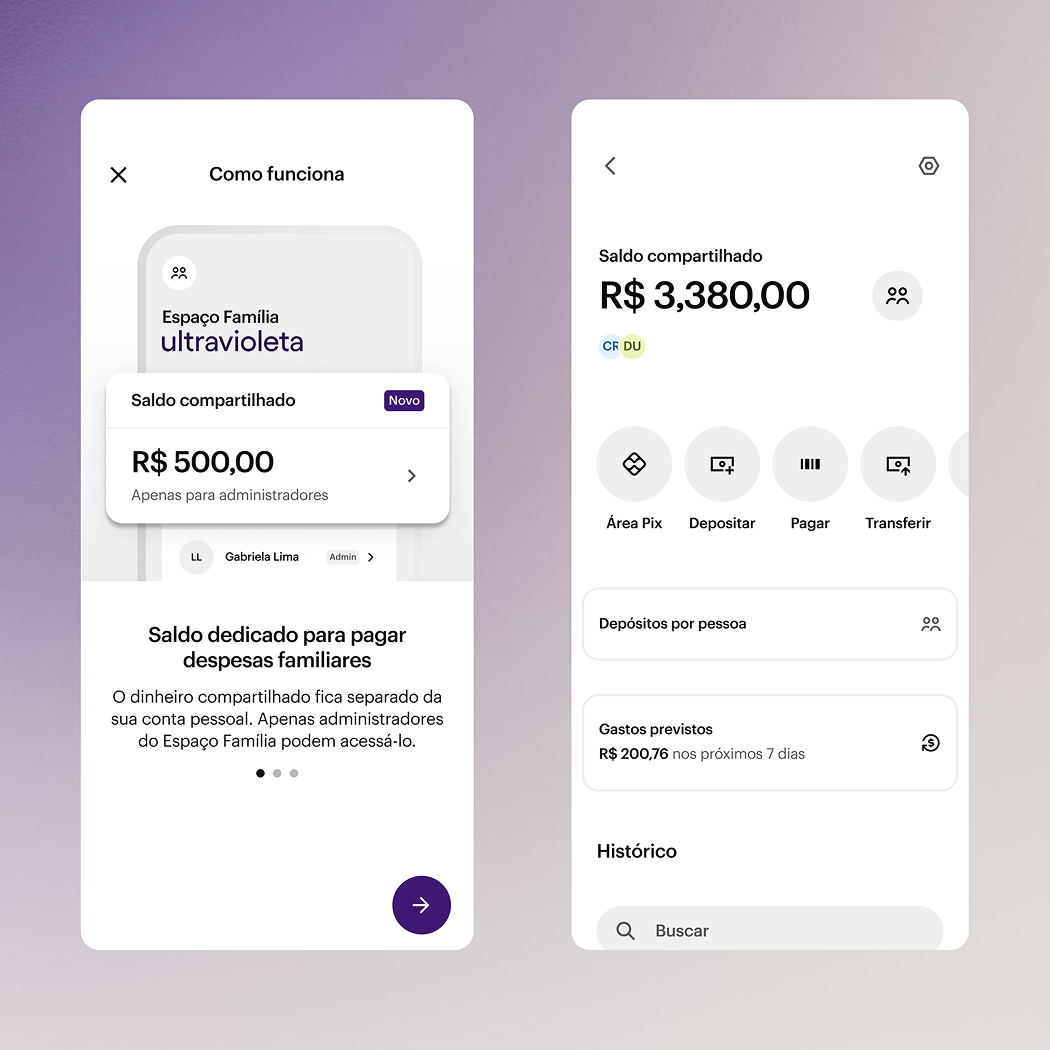 Shared balance onboarding screens, showing shared account interface