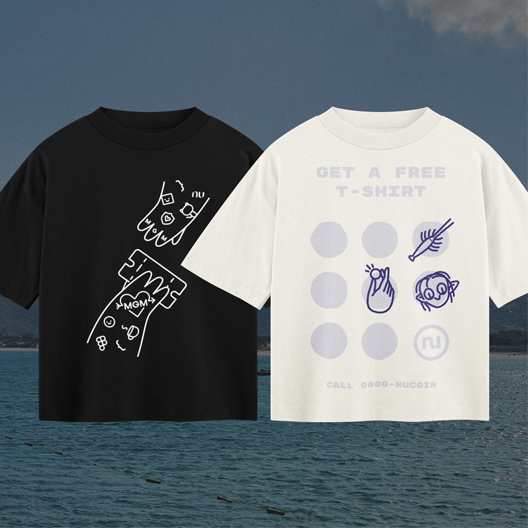 Two t-shirt mockups displaying custom illustrations: a black shirt with MGM hand-drawn icons and a white shirt with a loyalty card style design.