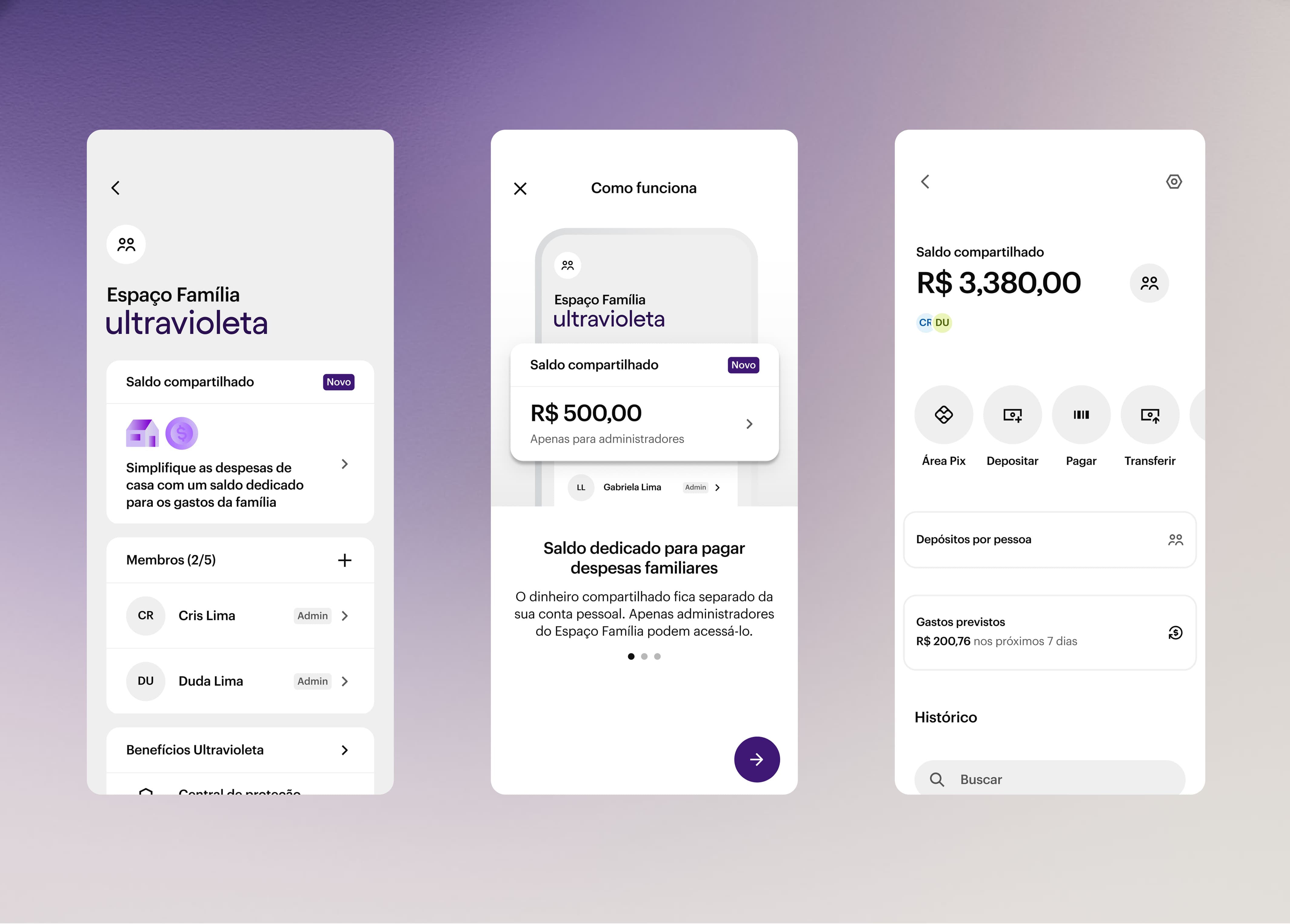 Shared balance screens, showing shared account interface