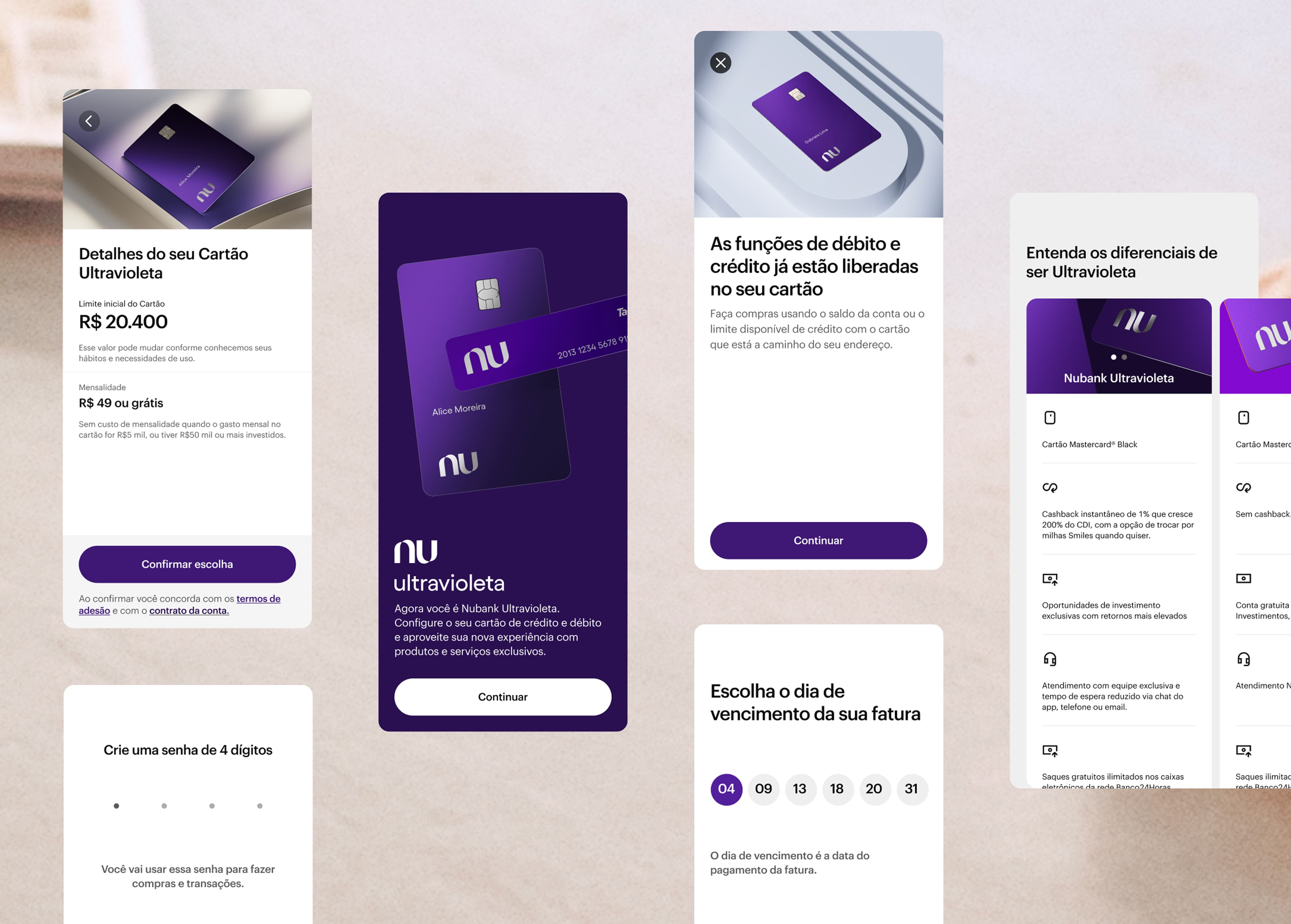 Premium account and card setup screens and interface
